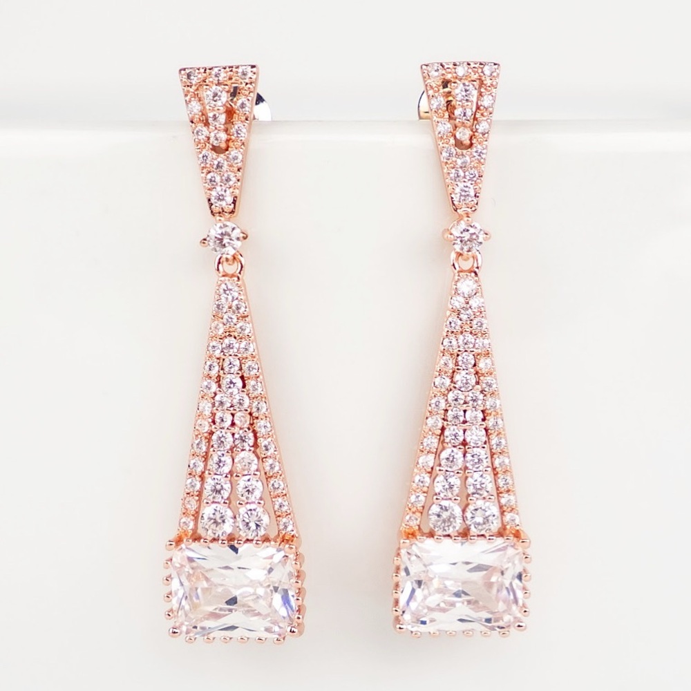 Elegant Rose Gold Plated Cubic Zirconia Bridal Drop Earrings for pierced ears